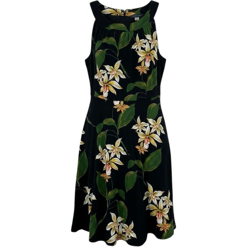 Tommy Hilfiger Women Size 10 Black Tropical Orchid Floral Halter Fit Flare Dress